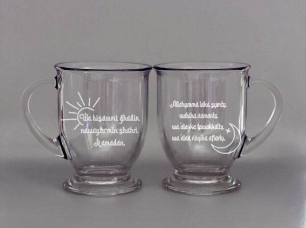Sahoor and Iftar Glass Cafe Mugs Set of Two- Transliteration